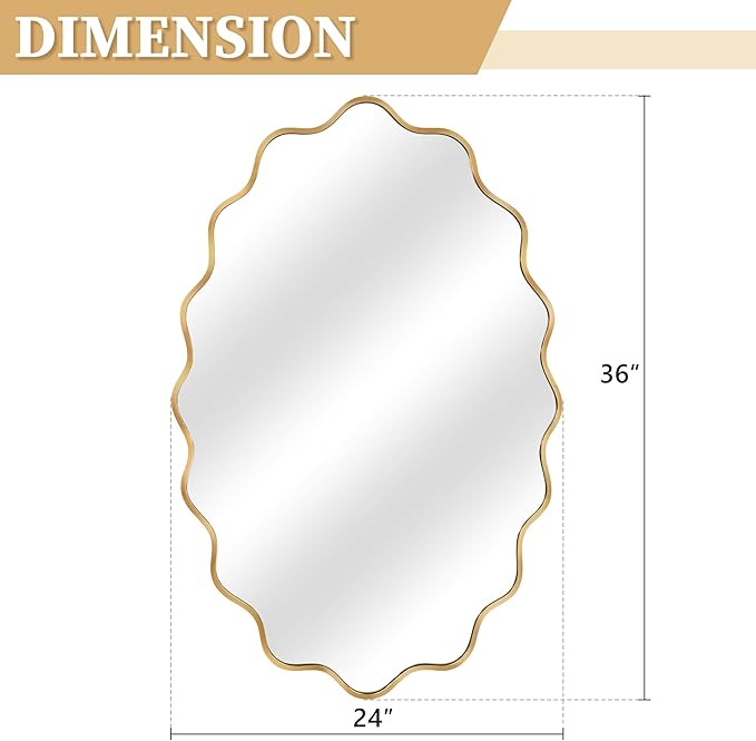 Oval Wavy Mirror - Irregular Wall Mirror 24"x36" Gold Asymmetrical Aviation Aluminum Alloy Frame for Bathroom, Bedroom, Living Room, Cloakroom, Entryway