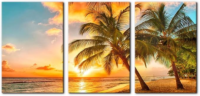 3 Panels Sea Landscape Modern Wall Art Ocean Sunset Canvas Prints Sea Beach Pictures Painting on Canvas Wall Art for Home Decor Gallery Wrapped Tropical Scenery Seascape Giclee Artwork - 16"x24"x3