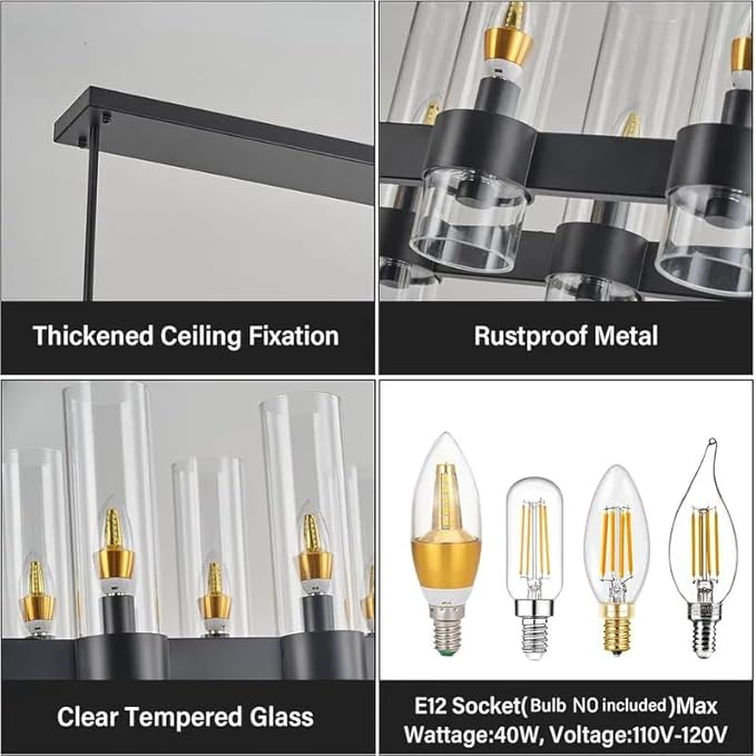 Black Rectangle Kitchen Island Lights, Farmhouse Linear Rectangular Chandelier with Glass Shades, 20 Lights Lighting Fixtures Industrial Pendant Light for Dining Room Over Table