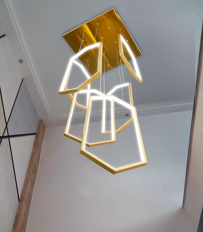 6 Rings Modern Chandelier LED Dimmable Pendant Lighting Adjust Flush Mount Ceiling Light for Foyer Lobby Living Room Staircaes Gold