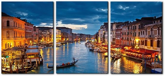 Pacimo 3 Piece Venice Night View Giclee Canvas Prints Wall Art Italy Venice Grand Canal at Night Picture Painting Print on Canvas Poster Modern Artwork Stretch and Framed Ready to Hang - 20"x28"x3
