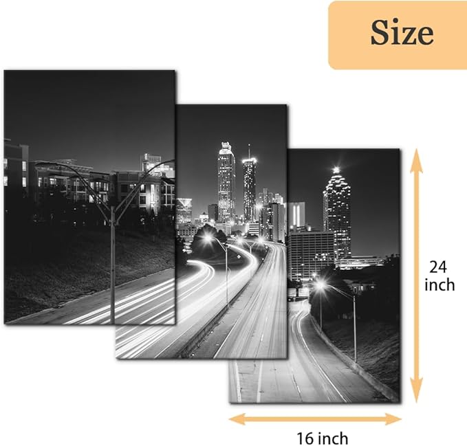 Pacimo Atlanta Night View Canvas Wall Art, Set of 3 Framed Painting Prints, Jackson Street City Skyline Pictures Modern Wall Decor for Living Room Bedroom Office Ready to Hang - 16"x24"x3 Panels