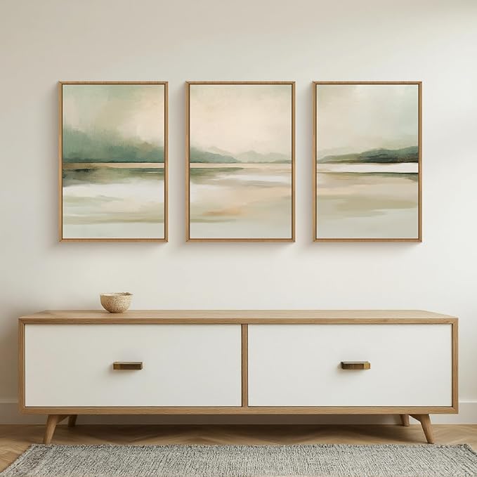 Large Abstract Sage Green Pastel Framed Canvas Wall Art Set,Minimalist Neutral Landscape Wall Decor,Modern Watercolor Mountain Lake Artwork for Living Room,Bedroom-24 x36 x3