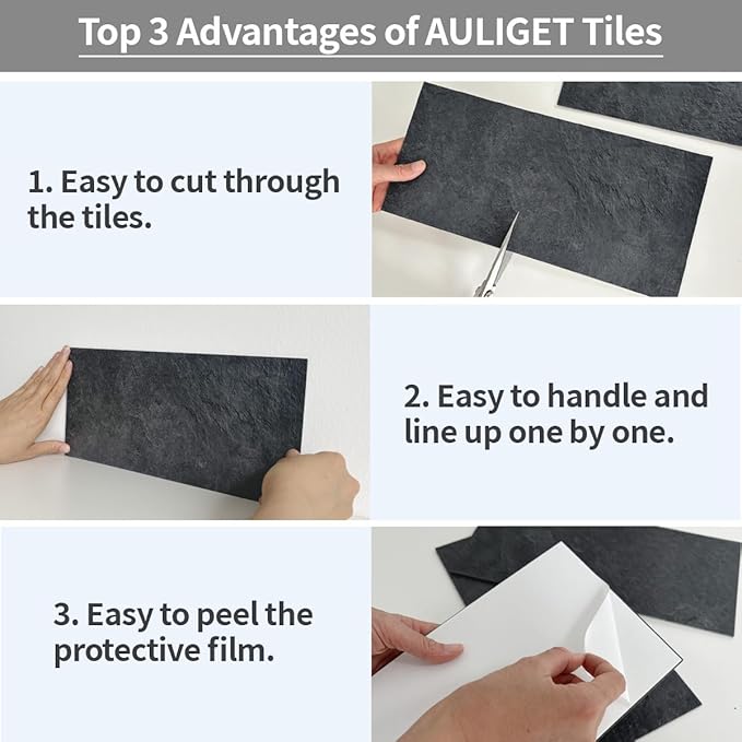 AULIGET 2-Piece Black Slate Peel and Stick Backsplash Wall Tiles, 6" x 12" PVC Faux Stone Stick on Tiles for Backsplash Kitchen, Bathroom, Laundry Room, Camper, Fireplace