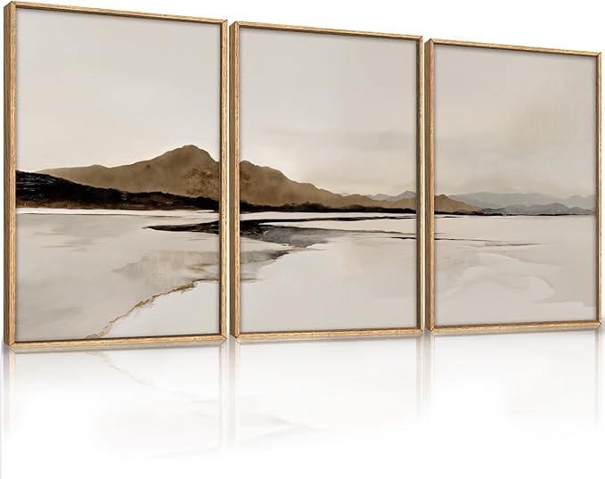 Ausril Beige and Brown Foggy Framed Canvas Wall Art Set, Modern Misty Landscape Wall Decor, Abstract Mountain Lake Wall Painting, Minimalist Nature Art Prints for Living Room, Bedroom - 16"X24"X3
