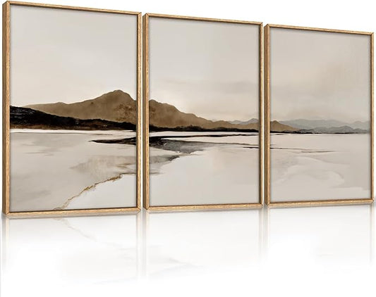 Ausril Beige and Brown Foggy Framed Canvas Wall Art Set, Modern Misty Landscape Wall Decor, Abstract Mountain Lake Wall Painting, Minimalist Nature Art Prints for Living Room, Bedroom - 24"X36"X3