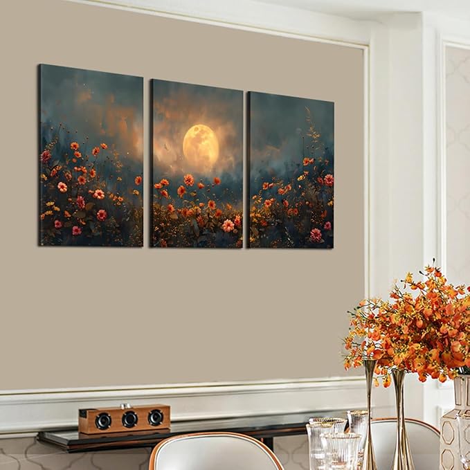 3 pcs Rustic Botanical Wall Art Vintage Moonlit Sky and Blooming Wildflowers Nature Landscape Picture Wall Decor Poster Print Artwork for Bedroom Living Room Home Decoration- 20"x28"x3pcs