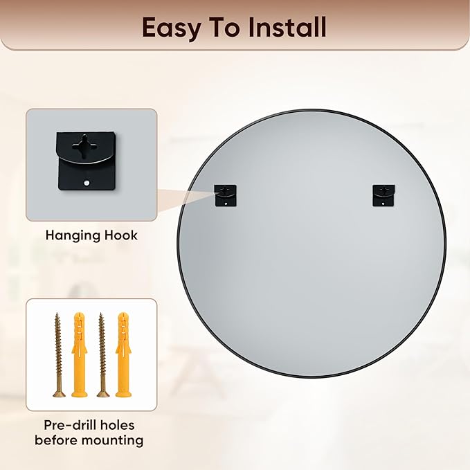 Antok Wall Mirror, 18"x18" Bathroom Vanity Mirror, Anti-Rust HD Tempered Glass, Wall Mounted Mirrors for Living Room, Entryway, Black Frame, Round