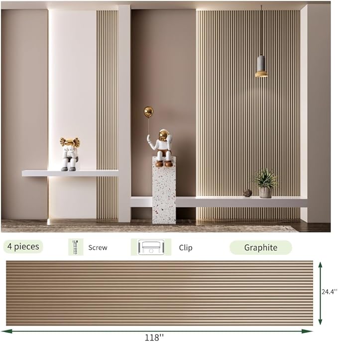 4PCS 3D Acoustic Slat Wall Panels Circle Design Fluted Textured Panel for Interior Wall Decor 118"x6" (Graphite)