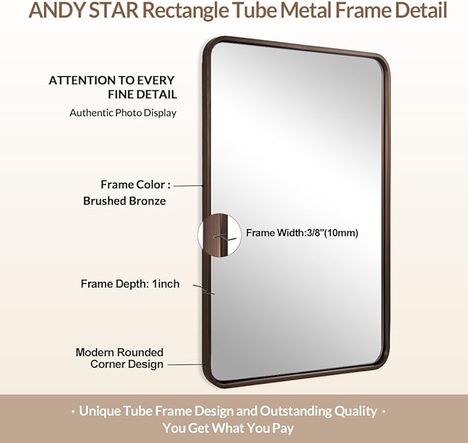 ANDY STAR Bronze Bathroom Mirror, 22X30’’ Bronze Mirrors for Wall, Rounded Rectangle Mirror for Bathroom Vanity Metal Framed, HD Reflection, Wall-Mounted Vertically or Horizontally