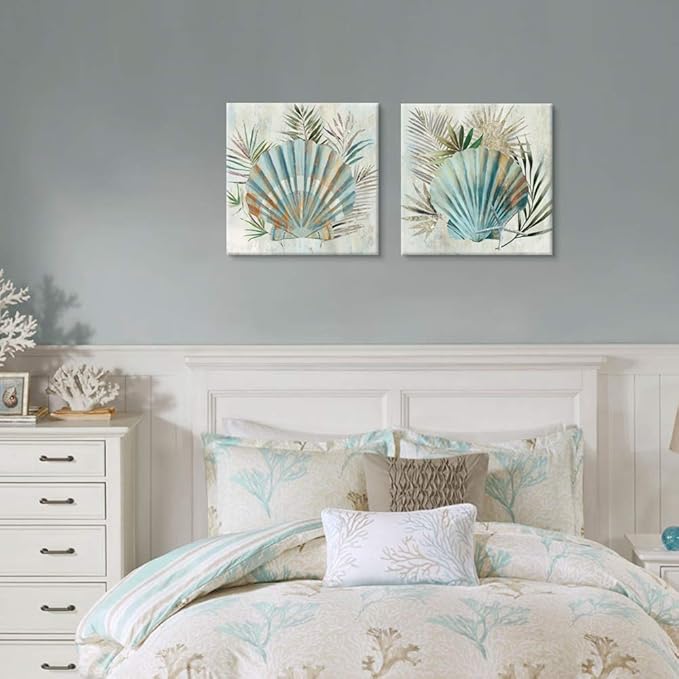 JAPO ART Turquoise Shell Pictures Modern Seashell with Tropical Palm Leaves Canvas Wall Art Coastal Wall Art for Bathroom Bedroom Livingroom Home Decorations 12x12Inchx2pcs