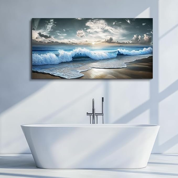 MHARTK66 Blue Ocean Canvas Wall Art Large Paintings For Living Room Landscape Nature Artwork For Walls Wall Decor For Bedroom Beach Pictures Wall Art Modern Office Waves Poster Decorations 24x48