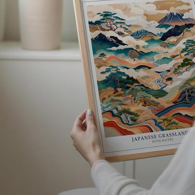 Japanese Grasslands Poster, Abstract Wabi Sabi Wall Art Print, Traditional Asian Landscape Artwork, Japandi Minimalist Home Decor for Living Room or Bedroom (Unframed) (12x18)