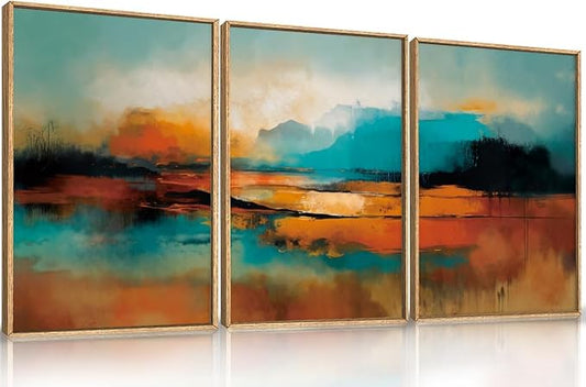 Large Abstract Burnt Orange Framed Canvas Wall Art,Neutral Blue and Black Wall Decor,Modern Brush Stroke Artwork,Minimalist Watercolor Art Print for Living Room,Bedroom,Office- 24"x36"x3