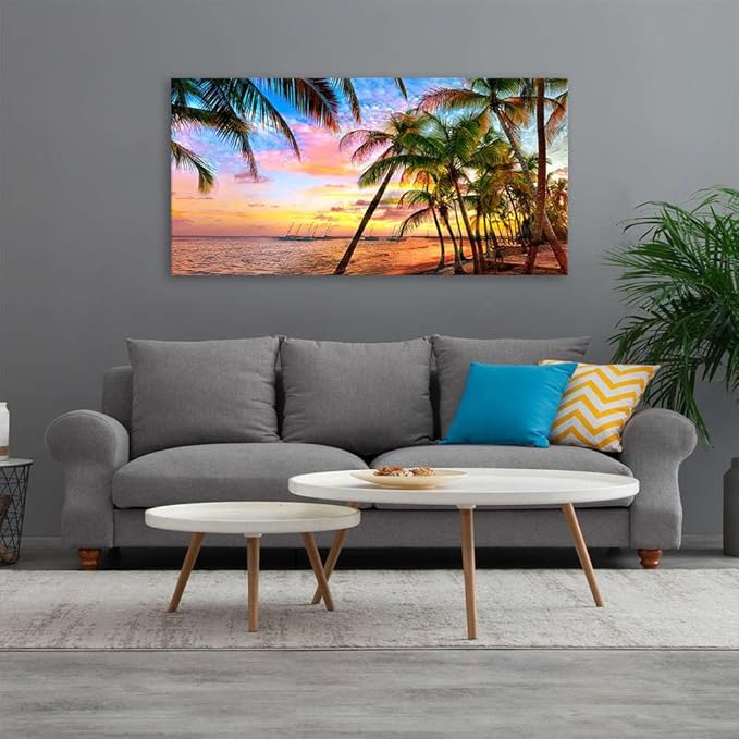 BYXART Canvas Art Wall Decor for Living Room Seascape Tropical Palm Tree Sunset Artwork Bedroom Ocean Beach Paintings for Bathroom Home Office Dining Decorations 48L x 24W