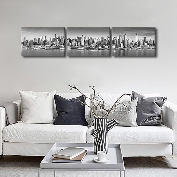 New York Wall Art Black and White City Panorama Cityscape Pictures Print On Canvas Urban Building Artwork Wall Art for Living Room Office Giclee Posters and Prints Framed Ready to Hang 14x60 Inch