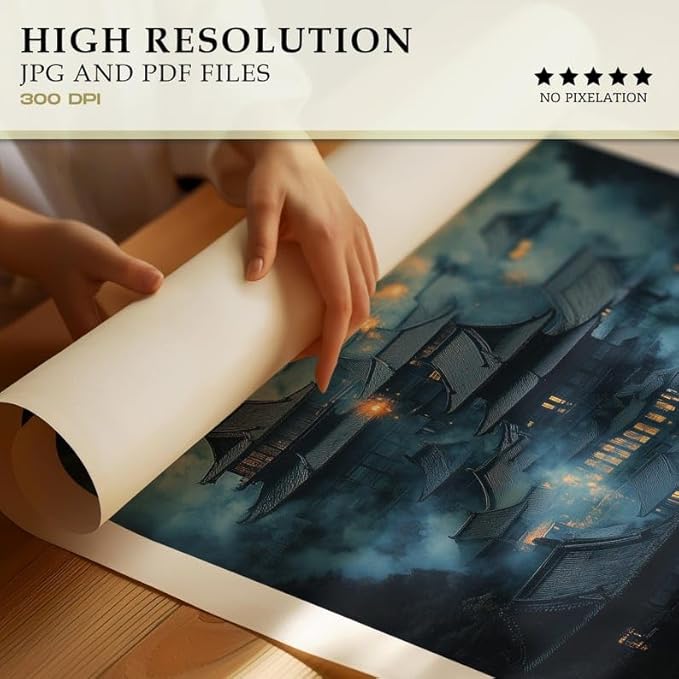 Kyoto Mystic Village Poster, Japanese Temple Wall Art Print with Night Landscape, Japandi Asian Artwork, Traditional Home Decor for Bedroom, Gallery or Living Room (Unframed) (9x11)