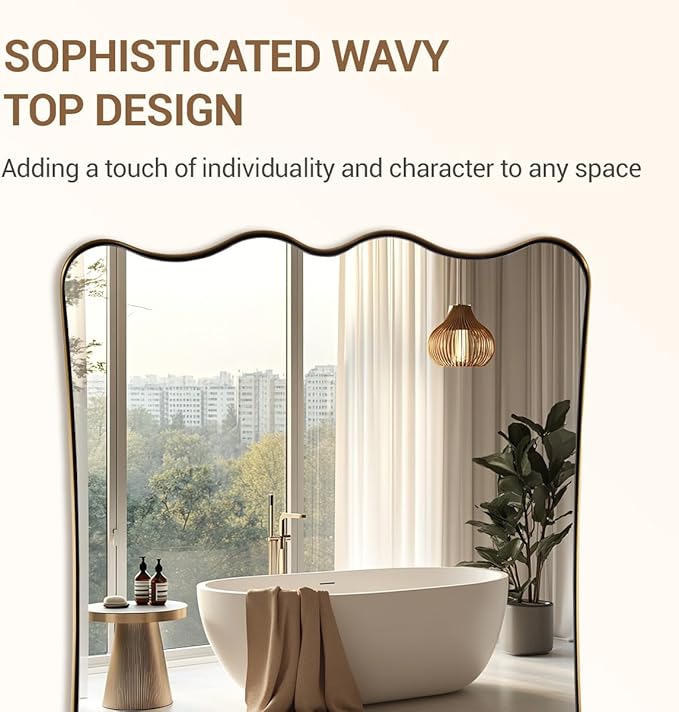 ANDY STAR 24x36 Gold Bathroom Mirror, Brushed Brass Wavy Rectangle Mirror with Curved Design, Irregular Scalloped Wall Mirror for Vanity, Stainless Steel Frame, Anti-Rust, Home Décor