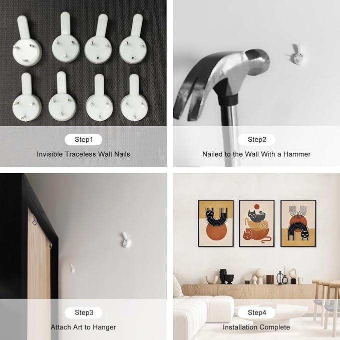 LHIUEM Boho Cats Wall Decor Black Cat Vintage Canvas Wall Art(12”X16”) Midcentury Modern Wall Decor MCM Cats Abstract Wall Art Gifts for Cat Lovers Framed Bohemian Art Prints for Living Room Bedroom