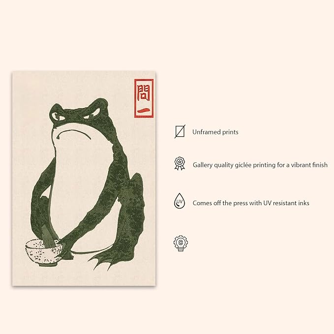 OZCONO Japanese Frog Art Print, Unframed Gallery Quality Giclée, Traditional Ukiyo-e Style, UV-Resistant Ink (18L x 12W)