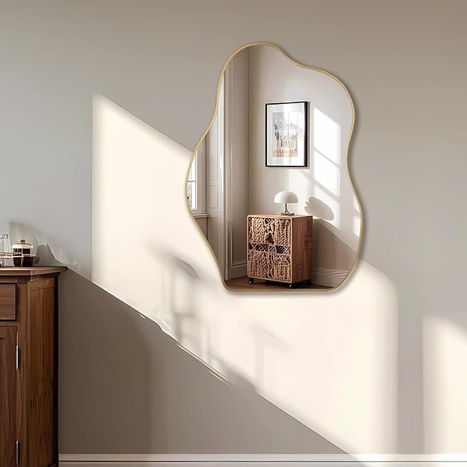BOMINICA Irregular Wall Mirror Asymmetrical Mirror, Decorative Wall Mirror Golden Wood Framed, Wall Mounted Mirror for Bathroom Living Room Entryway Bedroom Hallway (Gold, 20" x 28")