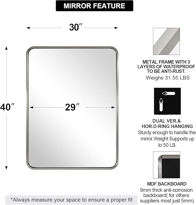 ANDY STAR Brushed Nickel Bathroom Mirror, 40”X30” Satin Nickel Mirror for Vanity, Rounded Rectangle Mirrors in SUS304 Anti-Rust Tube Metal Frame, Wall Mounted Horizontal/Vertical 1’’ Deep