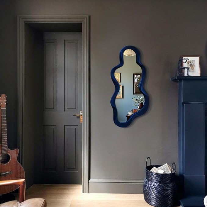 Living Room Mirrors for Wall Decor, 13.8x29.7 Wall Mounted Cloud Mirror for Girl Teen Women Bedroom Decoration, Cute Hanging Wall Art for Coastal Beach Ocean Home Office (Dark Blue)