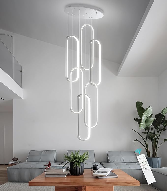 6 Rings Modern Chandelier LED Dimmable Pendant Lighting High Ceiling Chandelier for Entrance Foyer Lobby Living Room Staircaes Sliver 78.7''