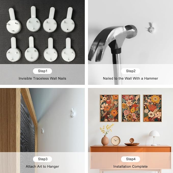 Large Brunt Orange Floral Framed Canvas Wall Art,Colorful Vintage Blossom Wall Decor, Boho Retro Flower Artwork,Mid Century Wildflower Botanical Art Print for Living Room,Bedroom- 16"x24"x3