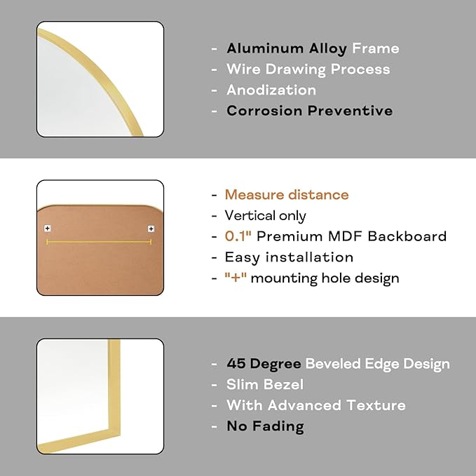 Modern Large Wall Mirror, Modern Mantel Minimalist Home Decor, Brushed Gold Metal Framed Arched Mirror for Living Room, Bedroom, Fireplace, Mantle, Entryway, Bathroom, 36" x 24", Gold