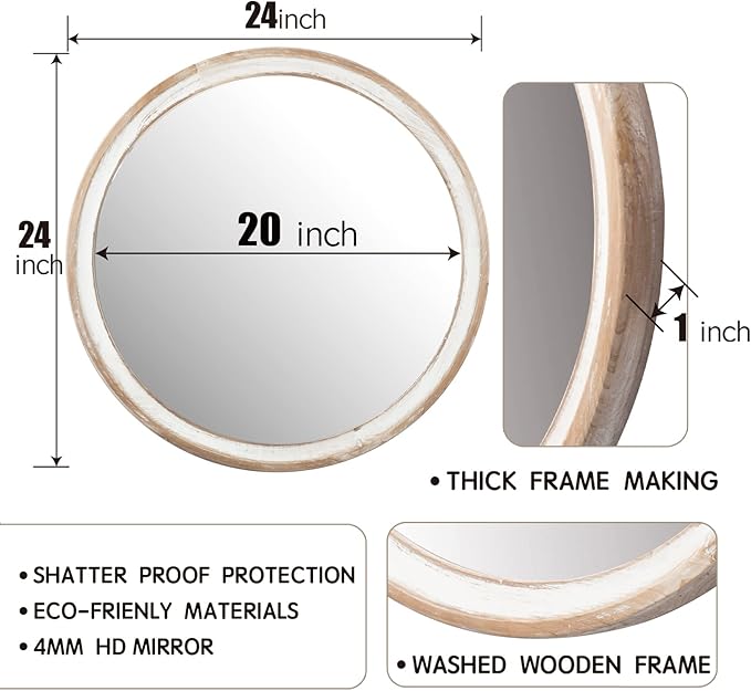 24 Inches Wooden Round Wall Mirror for Bathroom Vanity, Farmhouse Decorative Circle Mirrors with Whitewash Edge, for Bedroom, Entryway, Living Room, Kithen, Home, Office