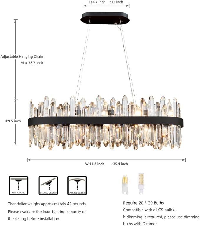 Black Oval Crystal Chandelier L35.4 inch, 20-Lights Chandeliers Modern Crystal Chandelier Pendant Light Fixture G9 Lights Pendant Ceiling Light for Dining Living Room Kitchen Island