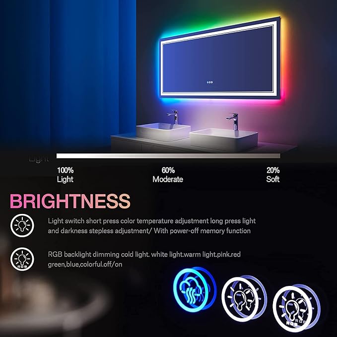 55x30 Inch RGB LED Mirror for Bathroom, RGB Backlit and Front Lighted Bathroom Mirror, Large Dimmable Vanity Mirror with Lights,Anti-Fog, Memory,ETL Listed, Wall Mounted
