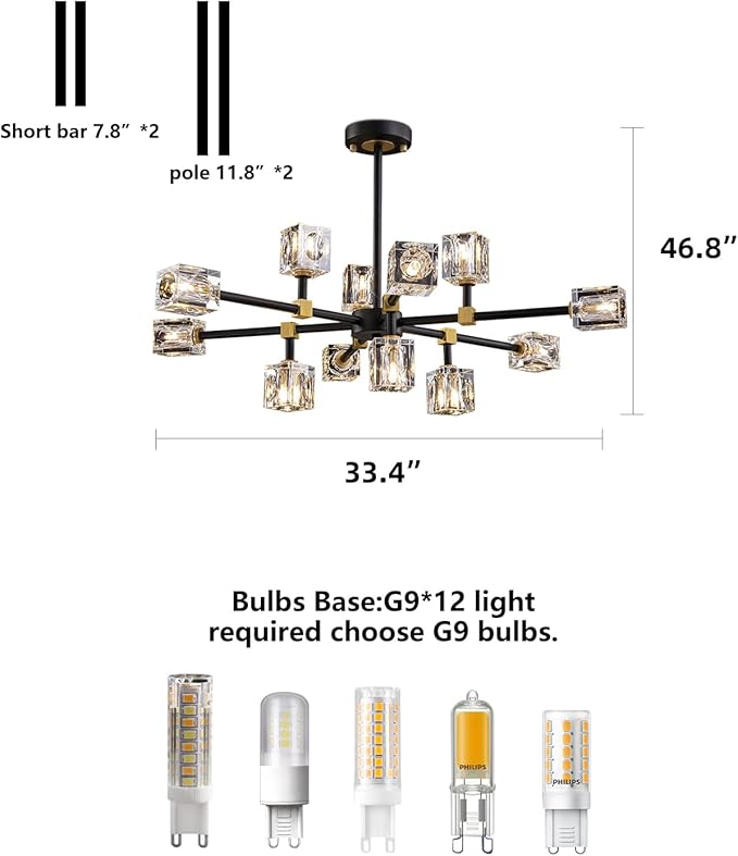 Black Crsytal Chandelier,Sputnik Chandeliers with 12-Lights,Modern Adjustable Height Semi Flush Mount Ceiling Light Fixture for Dining Room,Kitchen Island,Living Room,Bedroom