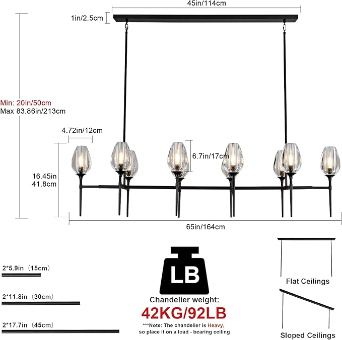 Modern Crystal Chandelier 10 Lights Black, 65in Tulip Black Rectangle K9 Crystal Chandeliers, Pendant Ceiling Light for Dining Living Room Bedroom Entryway, E12 Bulbs Included
