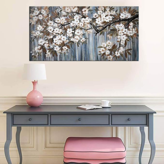 Large Canvas Wall Art for Living Room Wall Decor Abstract White Flower Tree with Gray Driftwood Picture Modern Framed Canvas Prints Artwork Ready to Hang for Bedroom Home Wall Decoration size 24x48