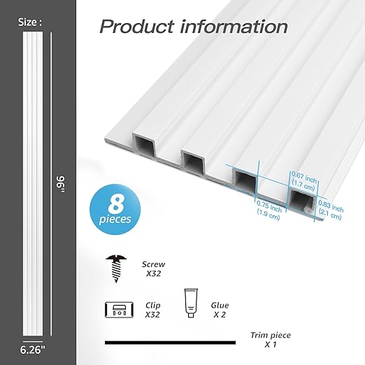 Art3d 8-Pack 96 x 6in. WPC Acoustic Slat Wall Panel for Modern Interior Decor, TV Background, Living Room, Matte White
