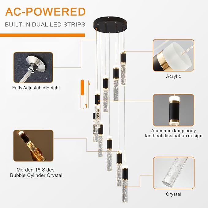 9-Lights Led Chandelier, Black and Gold Crystal Modern Led Chandelier for Dining Room, Luxury Dimmable Enterway Led Pendant Lights Fixture with Remote Control Flush Mount