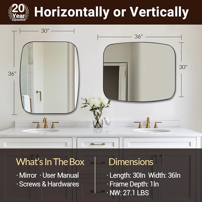 ANDY STAR 30x36” Black Bathroom Mirror, Oblong Vanity Mirror with Stainless Steel Metal Frame, Matte Black Oval Mirror for Over Sink, Modern Anti Rust Wall Mounted