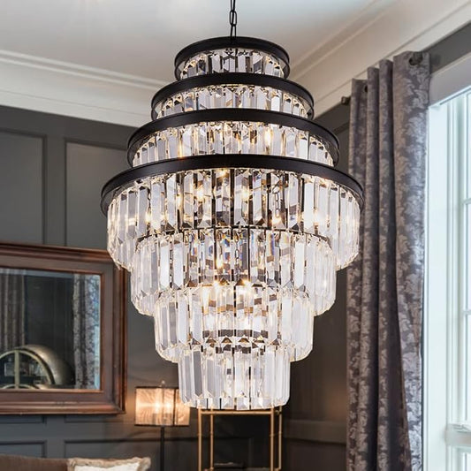 Wellmet Crystal Chandelier, 7-Tier Large Vintage Black Luxury Crystal Chandelier, for Living Room, Dining Table, Foyer, Drawing Room, Hallway, Entryway, Restaurant 33''H * 24''W