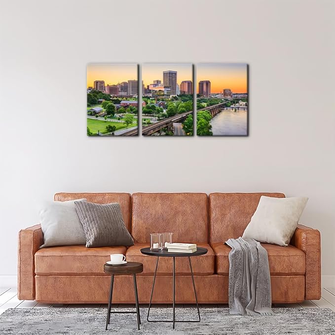 Pacimo Canvas Print Wall Art Set Richmond Skyline Giclee Poster Gallery Wrapped Virginia Cityscape Modern Artwork for Living Room Bedroom Office Stretch and Framed Ready to Hang - 12"x16"x3 Panels