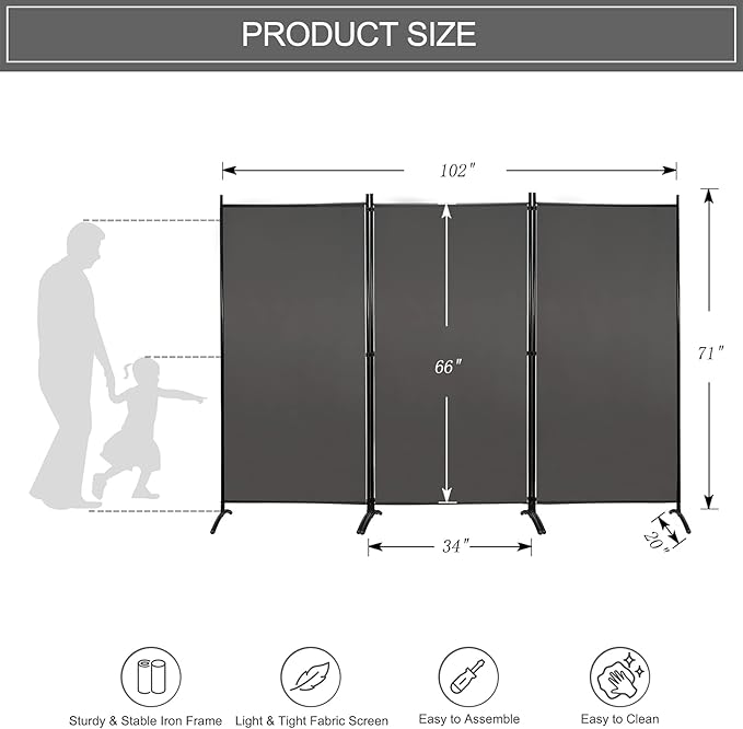 MAYOLIAH Partition Room Dividers 3 Panel Folding Privacy Screens 6 Ft Tall Portable Office Walls Dividers for Room Separator 102"x20"x71", Grey