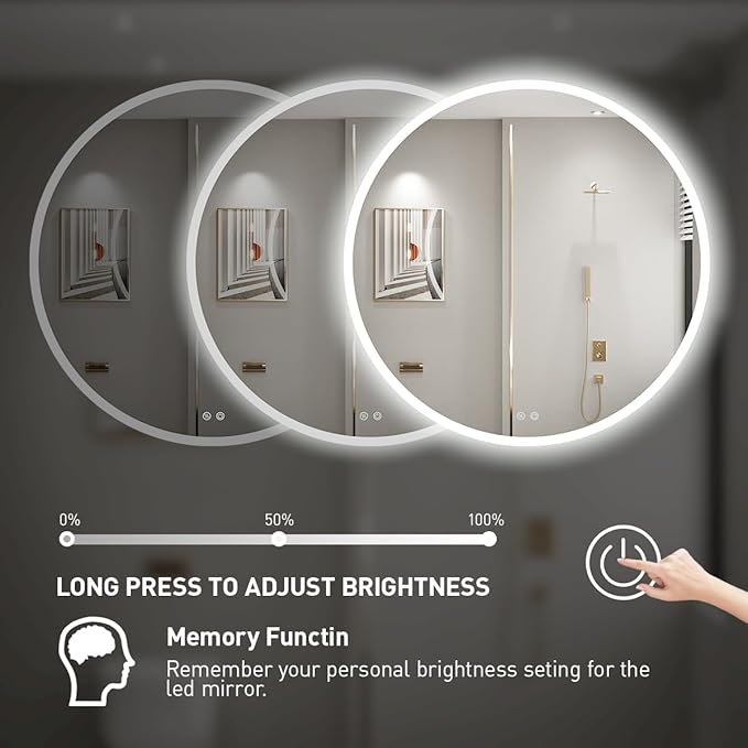 32 Inch Round LED Bathroom Mirror - 6000K Daylight Backlit, Anti-Fog & Dimmable, Frameless Waterproof Mirror with Touch Control, CRI90+, IP54 for Vanity & Makeup