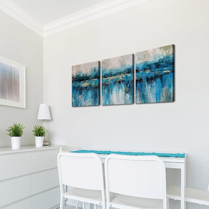 MAMAGO Modern Art Wall Decor Blue City Abstract Picture Print Painting for Living Room Bedroom Office Wall Art Framed Easy to Hang-12”W x 16”Hx3pcs