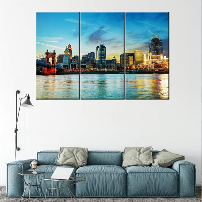 Ohio Pictures for Wall Art Cincinnati Downtown Overview Early in the Night Photo Poster Prints Color Wall Art for Modern Living Room Office Wall Decor Cityscape Artwork Ready to Hang 40‘’x20‘’x3P