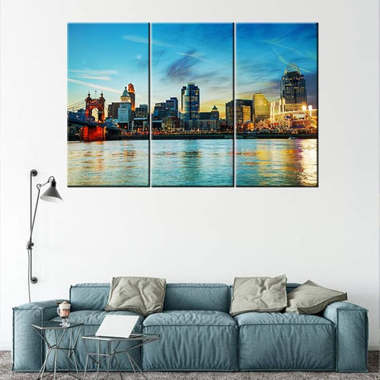 Ohio Pictures for Wall Art Cincinnati Downtown Overview Early in the Night Photo Poster Prints Color Wall Art for Modern Living Room Office Wall Decor Cityscape Artwork Ready to Hang 40‘’x20‘’x3P