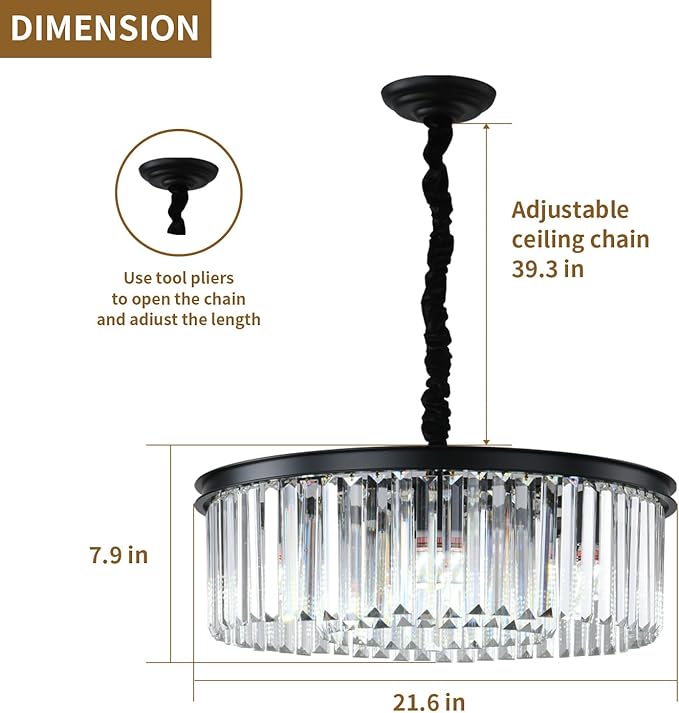 Black Modern Crystal Chandelier Lighting Semi Flush Mount Ceiling Light Fixture 2-Tier K9 Crystal Hanging Pendant Light for Dining Room Kitchen Island Living Room Bedroom Hallway 21.6inch…