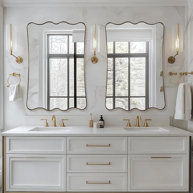 ANDY STAR 24x36 Gold Bathroom Mirror, Brushed Brass Wavy Rectangle Mirror with Curved Design, Irregular Scalloped Wall Mirror for Vanity, Stainless Steel Frame, Anti-Rust, Home Décor