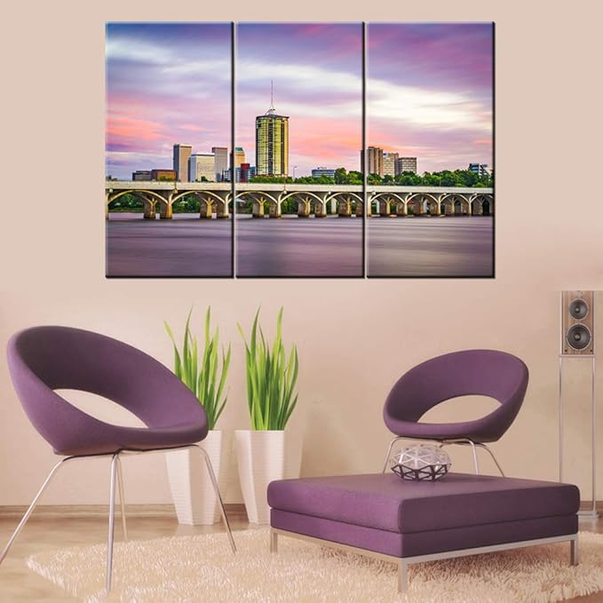 Canvas Wall Art Decor -14x28 3 Piece Set (Total 28x42 inch)-Tulsa, Oklahoma, USA Downtown Skyline - Decorative, Modern Multi Panel Split Canvas Prints for Dining, Living Room, Kitchen, Bedroom, Office