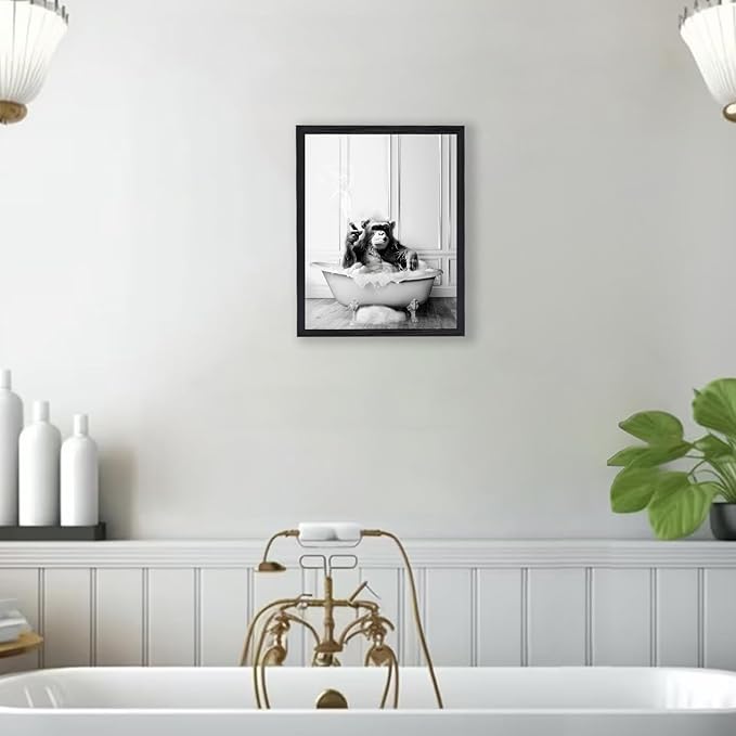 KBKBART Framed Bathroom Decor Wall Art, Chimpanzee in Bathtub, Black and White Wall Art, Funny Bathroom Wall Decor Signs, Cute Animal Art Home Decor (Framed,8''x10'')